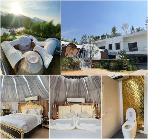 a collage of four pictures of a hotel room at เดอะเบสแคปซูล รีสอร์ท in Ban Tha Manao