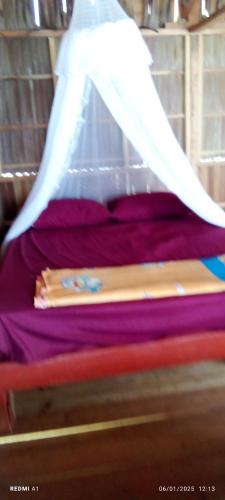 a canopy over a bed with purple sheets at Adefiro homestay in Waisai