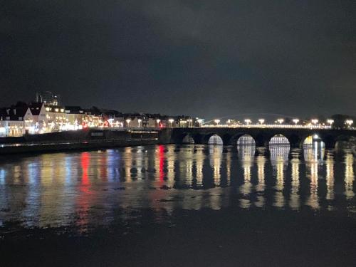 a bridge over a river at night with lights at BelleVie Apartment, Eijsden-Maastricht in Eijsden