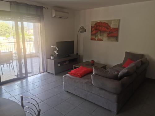 un salon avec un canapé et une télévision dans l'établissement Appartement traversant, à Folelli