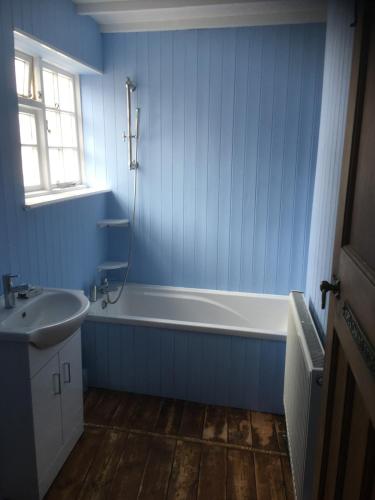 a blue bathroom with a tub and a sink at Driftwood Cottage in Harwich