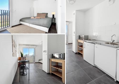a room with a bed and a kitchen with a sink at Studio SO WOOD lumineux avec vue dégagée in Montpellier