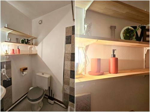 - deux photos d'une salle de bains avec toilettes et lavabo dans l'établissement Nice studio center of Montpellier, à Montpellier