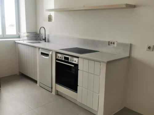 a kitchen with a sink and a stove top oven at Comfortable apartment with sea view in Antiparos, 77 m² in Andiparos