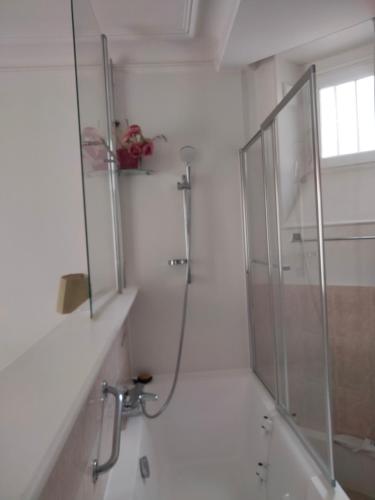 une salle de bain avec une douche avec une porte vitrée dans l'établissement Batignolles chic 75 m2, à Paris