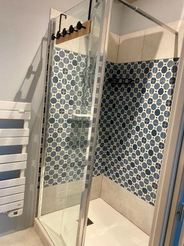 une douche avec une porte vitrée dans une salle de bain dans l'établissement Appartement atypique centre village, à Rillieux-la-Pape