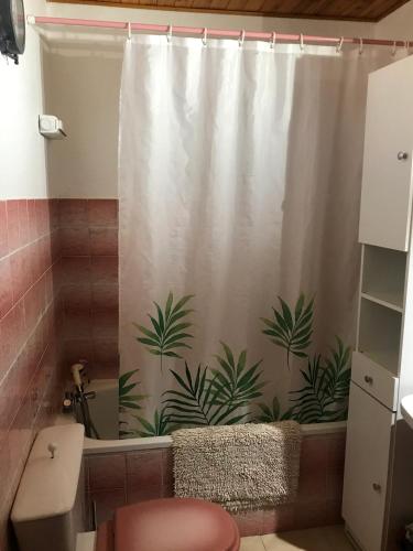 La salle de bains est pourvue d'un rideau de douche avec des plantes. dans l'établissement Appartement accueillant avec vue montagne, 25 m², à Eyne