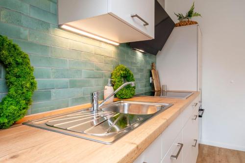 a kitchen with a sink and a wooden counter at Ferienhof Taarstedt Mikkey in Taarstedt