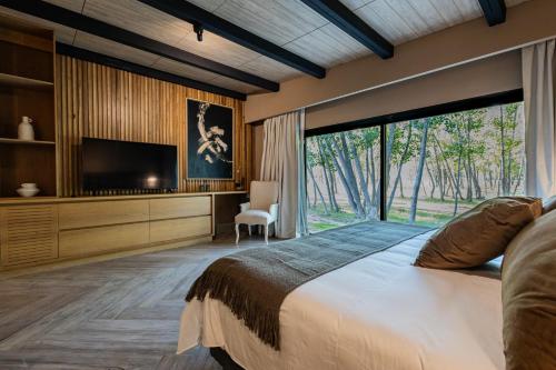 a bedroom with a large bed and a large window at House by Casa Septem in Tupungato