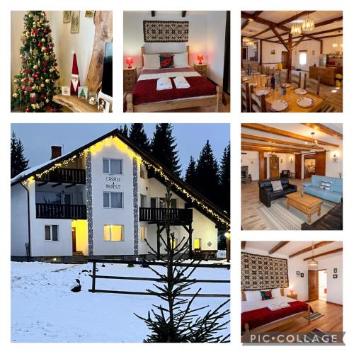 a collage of pictures of a house with a christmas tree at Casa Bradut in Dorna Arini