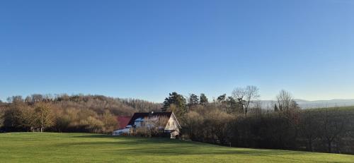 an old barn on a hill with a green field at Ferienapartment Haus am Grün 3 "Sunset" - Ruhe & Entspannung mitten in der Natur in Herzberg am Harz