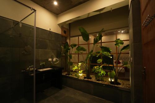 a bathroom with a shower with plants in it at Arvita Villa with Swimming Pool in Rāma