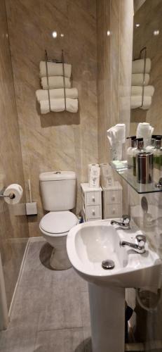 a bathroom with a white toilet and a sink at The Dudley Hotel in Blackpool