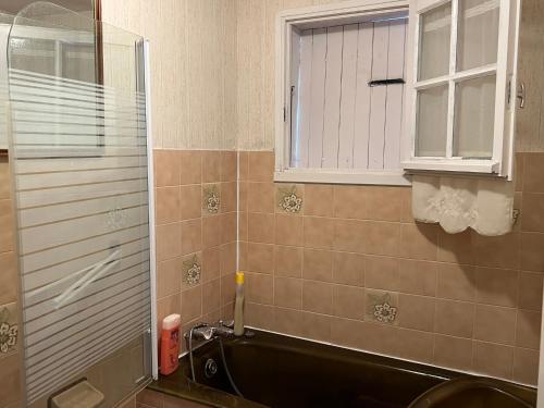 une salle de bain avec un lavabo et une fenêtre dans l'établissement Charmante maison avec jardin intime, à Grand-Village-Plage