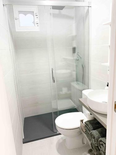 a bathroom with a shower and a toilet and a sink at Estudio 2 Minutos De La Playa in Portonovo