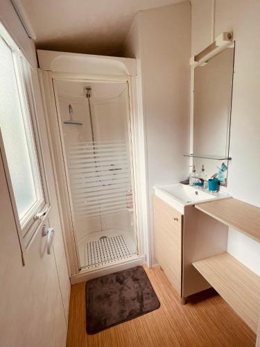 La petite salle de bains est pourvue d'une douche et d'un lavabo. dans l'établissement Mobil-home 3ch le Per Malou Camping Les Clarines, à La Bourboule
