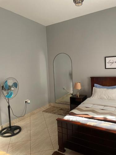 a bedroom with a bed with a fan and a mirror at A-grade living-WiFi & parking in Kampala