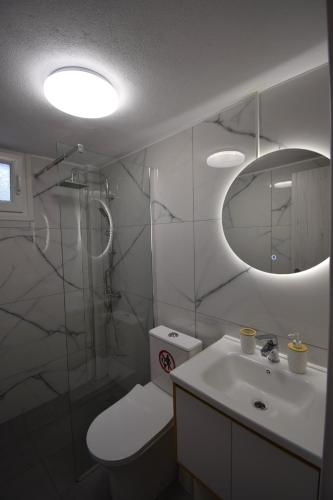 a bathroom with a toilet and a sink and a mirror at Nikiti Spathies Resort - Double Bedroom Sofita in Kalogria
