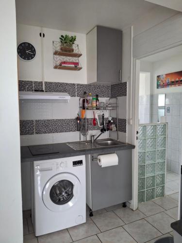 a kitchen with a washing machine and a sink at Hébergement en rez-de jardin clos proche de l'aéroport et des commodités in Le Lamentin