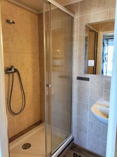 a bathroom with a shower and a sink at Agroturystyka nad Wigrami pokoje u Kasi i Tomka in Cimochowizna