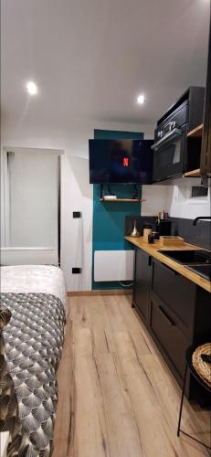 Cette petite chambre comprend un lit et une cuisine. dans l'établissement Gardam hyper centre cathédrale, à Reims