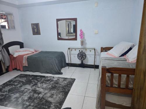 a bedroom with two beds and a mirror and a rug at Espaço TOP São Paulo - Brazil in Sao Paulo