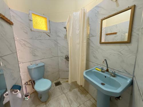 a bathroom with a blue toilet and a sink at Ahmed Safari Camp in Bawati
