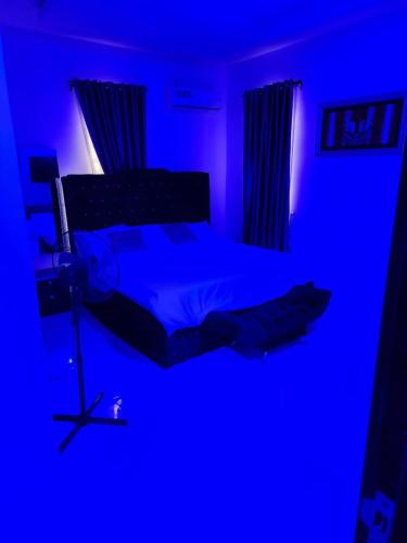 a blue bedroom with a bed with a blue light at Two Bedroom Apartment Magodo Lagos in Magodo