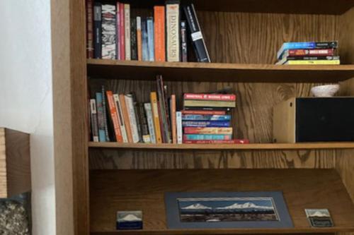 a book shelf with books and a picture on it at 6 Red Cedar in Sunriver