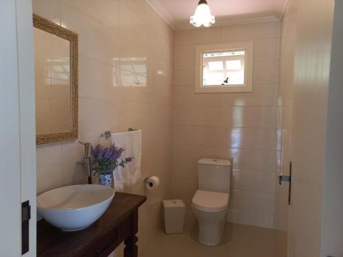 a bathroom with a sink and a toilet and a window at A Casa Serena in Morro Reuter