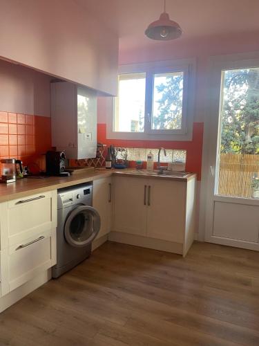 une cuisine avec un évier et une machine à laver dans l'établissement l'éco du chemin de la salade, à Toulouse