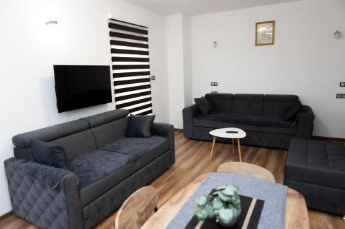 a living room with two couches and a tv at Apartmani Leila in Gospić