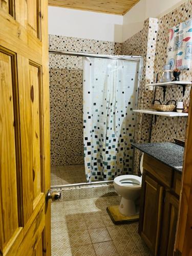a bathroom with a shower with a toilet in it at Soka Oceanview Loft Near Beach 15min Walk in Bastimentos