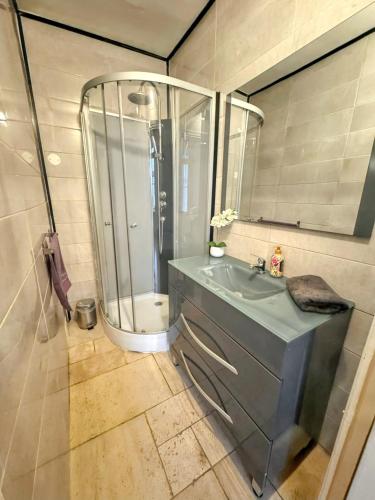 une salle de bain avec un lavabo et une douche dans l'établissement Appartement spacieux à Narbonne de 93 m², à Narbonne