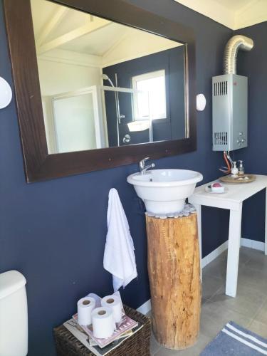 a bathroom with a sink and a mirror at Townsend Backpackers in Lambertʼs Bay