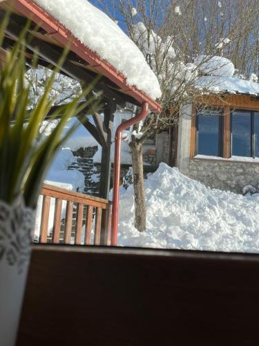 a house with a pile of snow on the porch at Kuća za odmor IVA in Stajnica