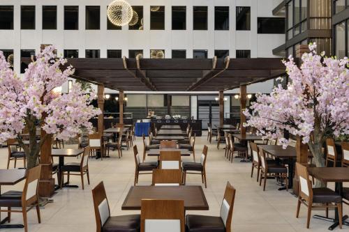 a restaurant with tables and chairs and trees with pink flowers at Wyndham Edmonton Hotel and Conference Centre in Edmonton