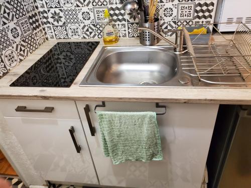 - un évier de cuisine avec une serviette verte suspendue dans l'établissement Studio à Super Besse 800m des pistes, à Besse-et-Saint-Anastaise