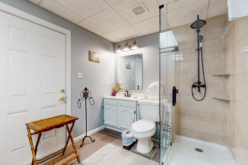 a bathroom with a shower and a toilet and a sink at Quiet Cove in Dandridge