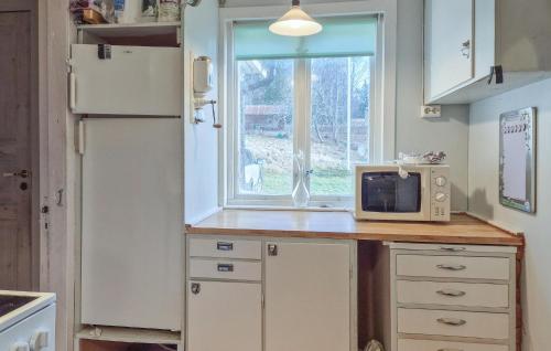 a kitchen with a counter with a microwave and a window at 2 Bedroom Gorgeous Home In Åsensbruk in Åsensbruk