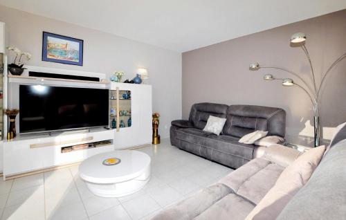 un salon avec un canapé et une télévision à écran plat dans l'établissement Nice Home In Lézignan-Corbières, à Lézignan-Corbières