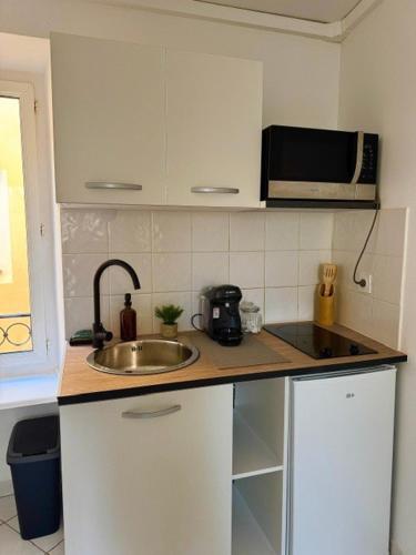 a kitchen with a sink and a microwave at Petit Studio - Vieux Menton in Menton