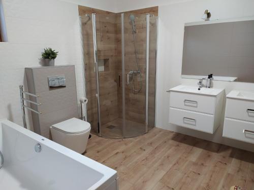 a bathroom with a shower and a toilet and a sink at Norbert Vendégház in Balatonszárszó