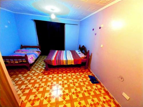 a bedroom with two beds in a room with blue walls at Grace in Marsabit