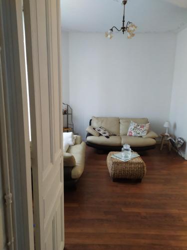 un salon avec un canapé et une table dans l'établissement Chambre dans maison bourgeoise 1 personne, à Airvault