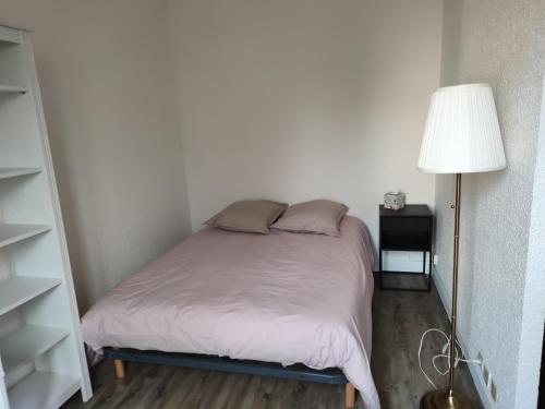 - une petite chambre avec un lit et une lampe dans l'établissement Le Roosevelt - Central - Park view, Wifi, à Clermont-Ferrand