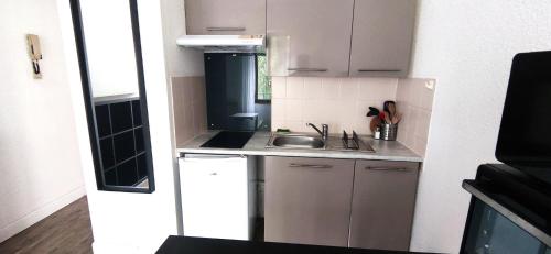 une petite cuisine avec un évier et une cuisinière dans l'établissement Le Roosevelt - Central - Park view, Wifi, à Clermont-Ferrand