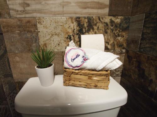 ein Korb mit Handtüchern auf einer Toilette in der Unterkunft Villa Candita, a unos pasos del Paseo Montejo in Mérida