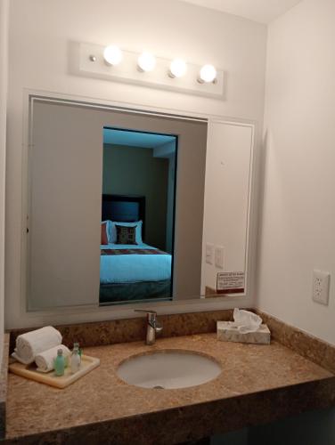 a bathroom with a sink and a large mirror at Ankara Pedregal Centro de Convenciones in San Luis Potosí