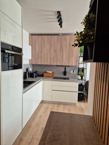a kitchen with white counters and wooden cabinets at Apartmán Danadrin Family Evergreen Tále in Tale
